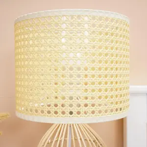 ValueLights Hollins Natural Rattan Cylinder Table Lamp with Cream Woven Rattan Wicker Shade