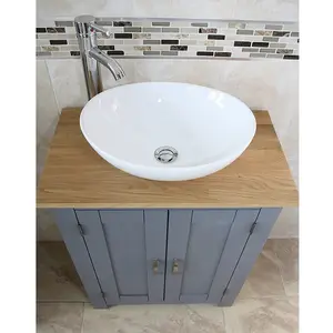 Worthland Solid Oak 650mm Free-Standing Vanity Unit with Countertop Ceramic Basin & Faucet