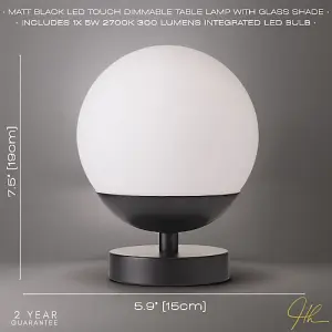 Modern Touch Dimmable LED White Globe Glass Table Lamp with Matte Black Base