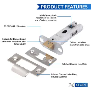 XFORT 2 Sets of 75mm Polished Chrome Tubular Latch, Mortice Door Latch