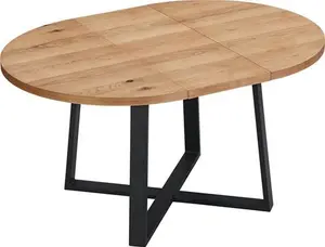 Bern Extending Round Oak Dining Table, Modern Industrial Oak Wood Metal Leg Design, Black/Oak Modern Wooden - Daals - Dining Tables