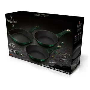 BERLINGER HAUS Emerald Green 3pcs Frying Grill Pan Aluminium Non Stick Marble Coating Metallic