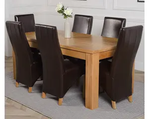 Dakota 182 x 92 cm Chunky Oak Large Dining Table and 6 Chairs Dining Set with Lola Brown Leather Chairs