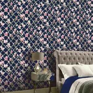 Magnolia Trellis Navy Blue Pink Floral Metallic Silver Arthouse Wallpaper 908001