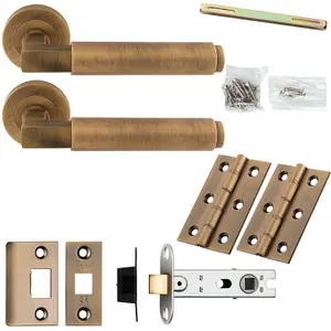 Door Handle & Latch Pack - Antique Brass - Square Smooth Bar Lever On Round Rose