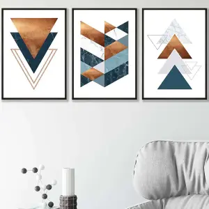 Set of 3 Mid Century Teal Orange Abstract Geometric Wall Art Prints / 42x59cm (A2) / Black Frame