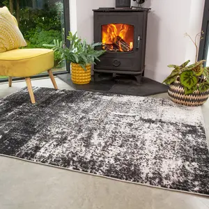 Black Grey Monochrome Super Soft Distressed Abstract Area Rug 160x230cm