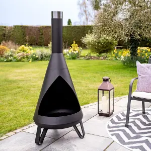 Black Rio Chimenea - Metal Outdoor Garden Patio Log Wood Burner Fire Pit Bowl with Stainless-Steel Flue Cap - Large, H150 x 58cm