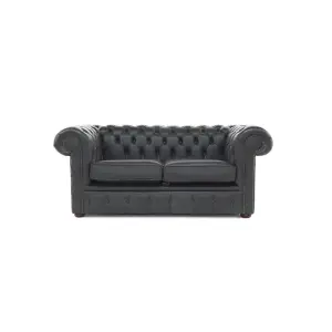 Chesterfield 2 Seater Shelly Black Real Leather Sofa Settee Bespoke In Classic Style