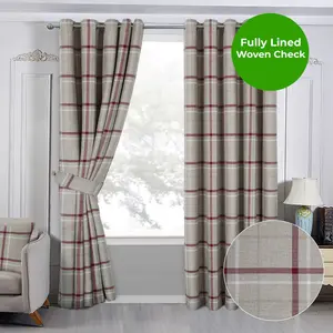 Home Curtains Hudson Woven Check Fully Lined 45w x 42d" (114x107cm) Red Eyelet Curtains (PAIR)