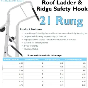 21 Rung Roof Ladder & Ridge Safety Hook Single Section 5.5m Tile Grip Steps