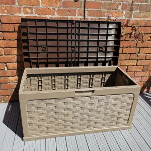 335 Litre Rattan Style Garden Cushion Storage Box with Sit on Lid   Dark Brown