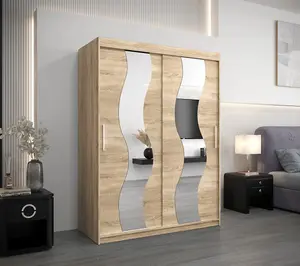 Seville Mirrored Sliding Door Wardrobe with Shelves and Hanging Rails in Oak Sonoma (H)2000mm (W)1500mm (D)620mm