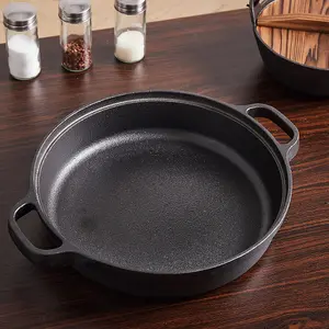 Black Round Pre Seasoned Cast Iron Frying Pan Kitchen Skillet with Double Handles Dia 30cm