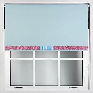 Furnished Duck Egg Blue Blackout Roller Blind with Decorative Pink Glitter & Duck Egg Bow - Trimmable (W)160cm x (L)165cm