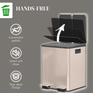 HOMCOM 2 x 20L Dual Kitchen Bin Pedal Bin for Recycling and Waste, Gold Tone