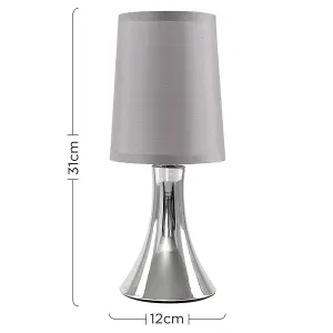 ValueLights Pair of - Small Chrome Touch Table Lamps with Grey Fabric Shades With 5w LED Dimmable Candle Bulbs In Warm White