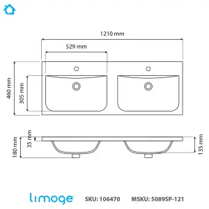 5089 Ceramic 120cm x 45cm Thin-Edge Double Inset Basin with Dipped Bowl