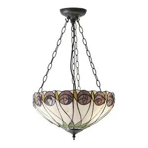 Tiffany Glass 3 Ceiling Light Pendant - Mackintosh Style Rose - Dark Bronze Finish