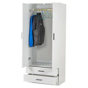 URBNLIVING 180cm Tall 2 Door Wardrobe With 2 Drawers White Carcass and White Drawers Bedroom Storage Hanging Bar Clothes