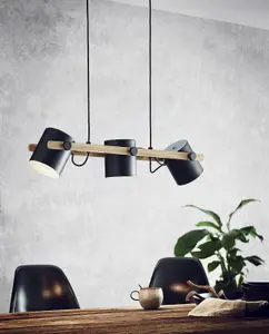 Hanging Ceiling Pendant Light Black & Wood Adjustable Spots 3 x 60W E27 Bulb