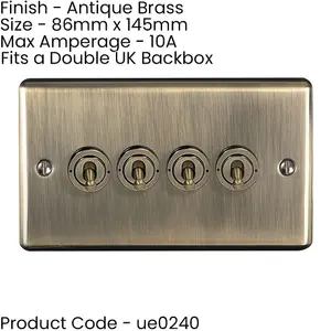 5 PACK 4 Gang Quad Retro Toggle Light Switch ANTIQUE BRASS 10A 2 Way Plate