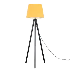 ValueLights Modern Black Wood Tripod Design Floor Lamp With Mustard Shade