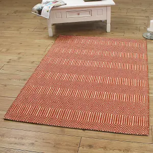 Orange Geometric Wool Modern Handmade Easy to Clean Rug for Living Room and Bedroom-66 X 200cm (Runner)