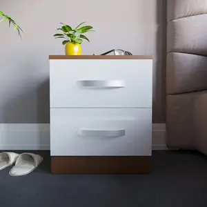 Arkadij 2 Drawer Beside Table With Metal Runners, Modern Bedroom Storage Cabinet White/Walnut