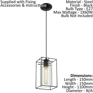 Hanging Ceiling Pendant Light Black Frame & Smoked Glass 1 x 60W E27 Lamp