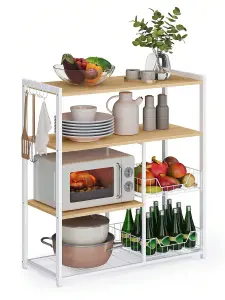 VASAGLE Baker's Rack, Kitchen Island With 2 Metal Mesh Baskets, Shelves And Hooks,  Industrial Style, Oak Beige And White