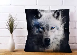 White Wolf Face Splashart Dark Backgrouns Cushions 45cm x 45cm