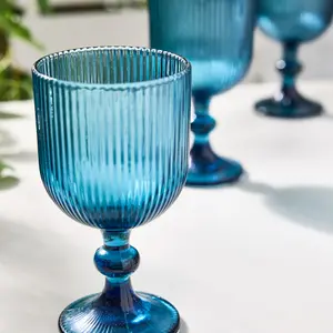 Set of 4 Vintage Luxury Blue Ribbed Drinking Wine Glass Wine Goblets 360ml