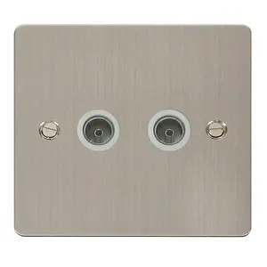 Flat Plate Stainless Steel 2 Gang Twin Coaxial TV Socket - White Trim - SE Home