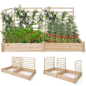 Costway Outdoor Raised Garden Bed Wooden Elevated Planter w/ 2 Planter Boxes & 3 Trellis