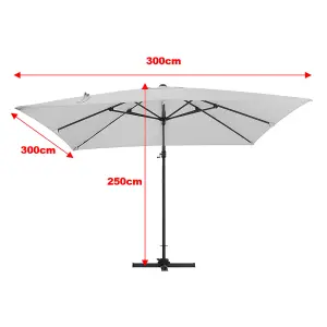 3M Large Square Canopy Rotatable Tilting Garden Rome Umbrella Cantilever Parasol with 100 L Fillable Base, Light Grey