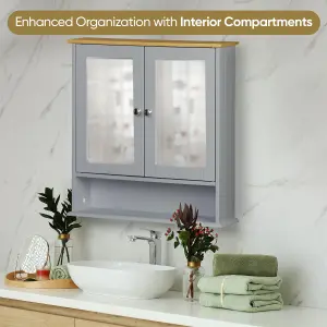 Double Mirror Bathroom Cabinet with Shelf - Grey Bamboo Top