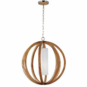 1 Bulb Ceiling Pendant Light Fitting Light Wood Brushed Steel LED E27 75W Bulb