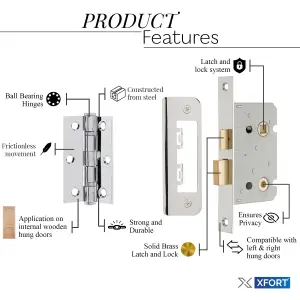 XFORT Polished Chrome Bathroom Door Accessory Pack, Compete with 65mm Bathroom Lock and 75mm Ball Bearing Hinges