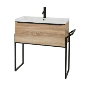 Bathroom 800mm Wall Mounted Drawer Unit, Ceramic Basin & Frame  Sonoma Oak - (Central) - Brassware Not Included