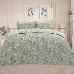 Duvet Cover Set Willow Quilt Reversible Polycotton Bedding, Sage - Double