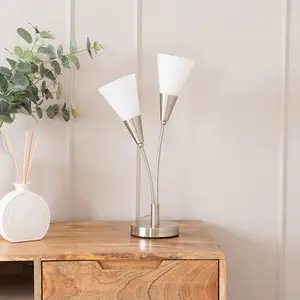 ValueLights Kristina Silver 2 Arm Table Lamp with White Frosted Glass Shades - LED Bulbs Included