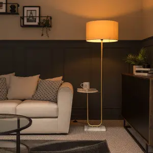 ValueLights Tavel Brushed Gold Floor Lamp with Table and Beige/Gold Shade