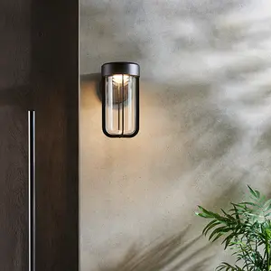 Matt Black Outdoor Wall Light with Glass Shade - IP44 Rated - Integrated LED