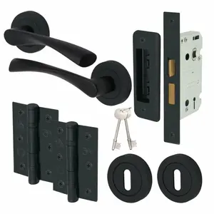 EAI - Swept Lever on Rose Lock Kit / Pack - 80mm Sash Lock & 76mm Hinges - Matt Black