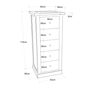 Loreo 5 Drawer Narrow Chest of Drawers Chrome Cup Handle