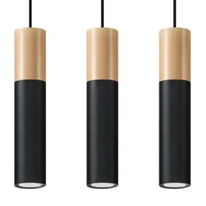 Pablo Steel & Wood Natural Black 3 Light Classic Pendant Ceiling Light