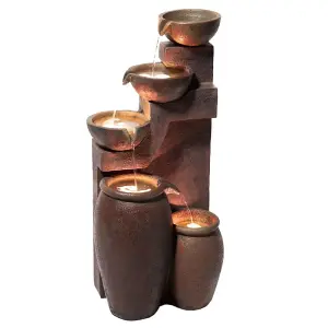 Primrose Quito 4-Tier Cascading Bowls & Jars Water Feature with Lights H101cm