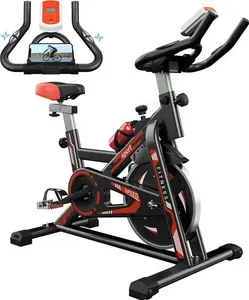 Jupgod Stationary Exercise Bike, Indoor Cycling Bike With Slient Flywheel, LCD Monitor, Comfortable Seat, Spin Bike For Home Gym Workout, Black Red