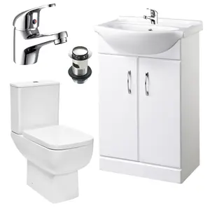 Bubly Bathrooms™ 550mm Vanity Unit and Close Coupled Square WC Dual Flush Toilet Chrome Tap & Waste Set